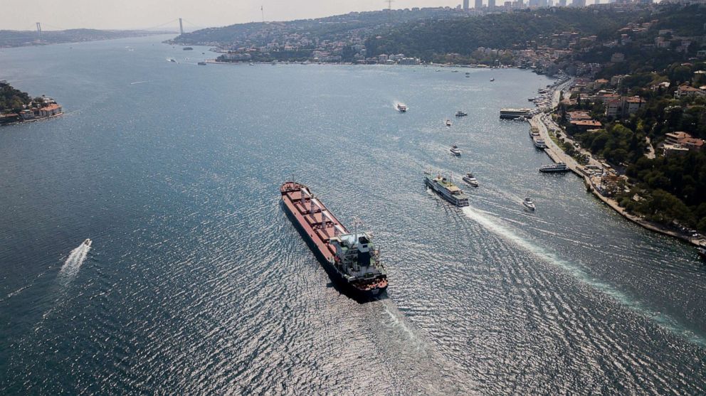 PHOTO: An aerial picture taken by drone shows Sierra Leone-flagged cargo ship Razoni that left the port of Odesa with the first grain shipment for export, sails through the Bosphorus after an inspection in Istanbul, Aug. 3, 2022.
