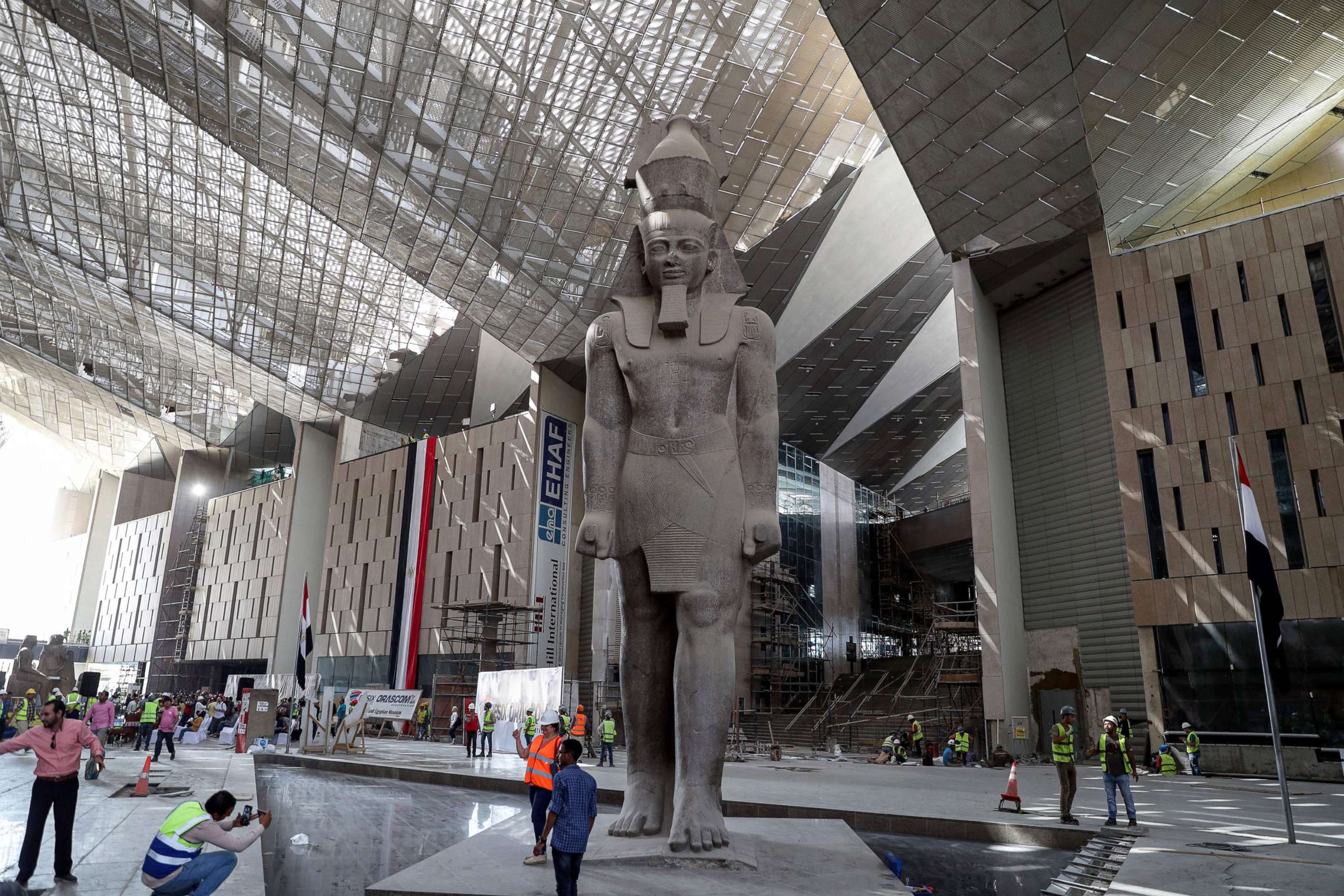 PHOTO: This Sept. 21, 2019, file photo shows a view of the colossus of ancient Egyptian Pharaoh Ramses II, at its permanent display spot at the newly-built Grand Egyptian Museum in Giza, Egypt.