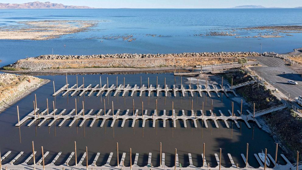 PHOTO: In this July 8, 2022, file photo, the marina, which cannot be used because the lake water level has fallen too low , is shown at Great Salt Lake Park in Magna, Utah.