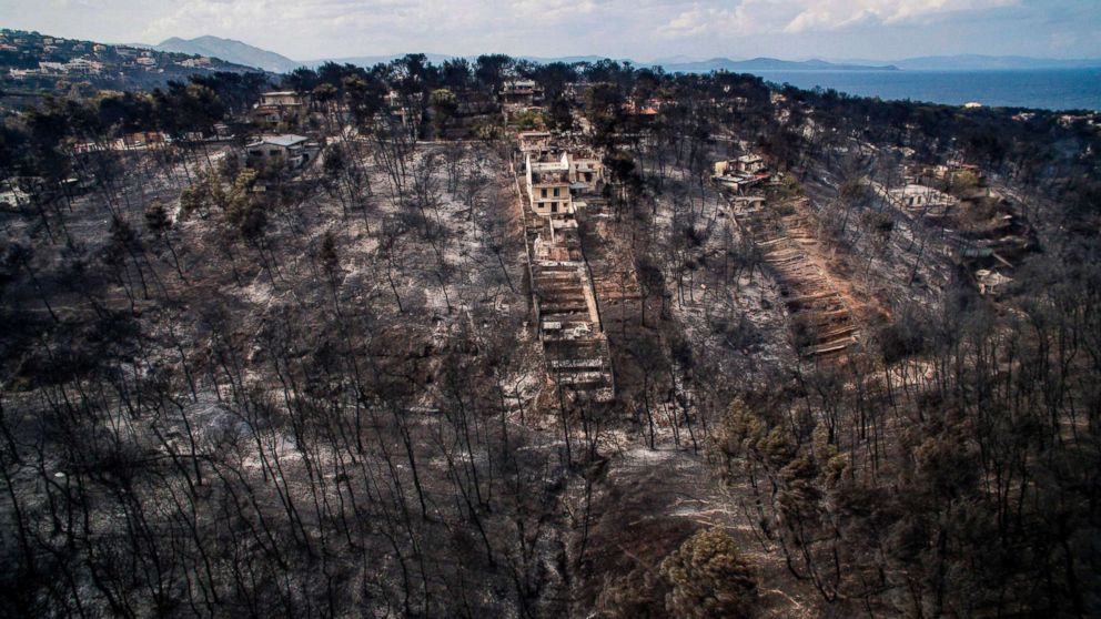 PHOTO: An aerial view shows damage caused by a wildfire near the village of Mati, near Athens, Greece, July 24, 2018.