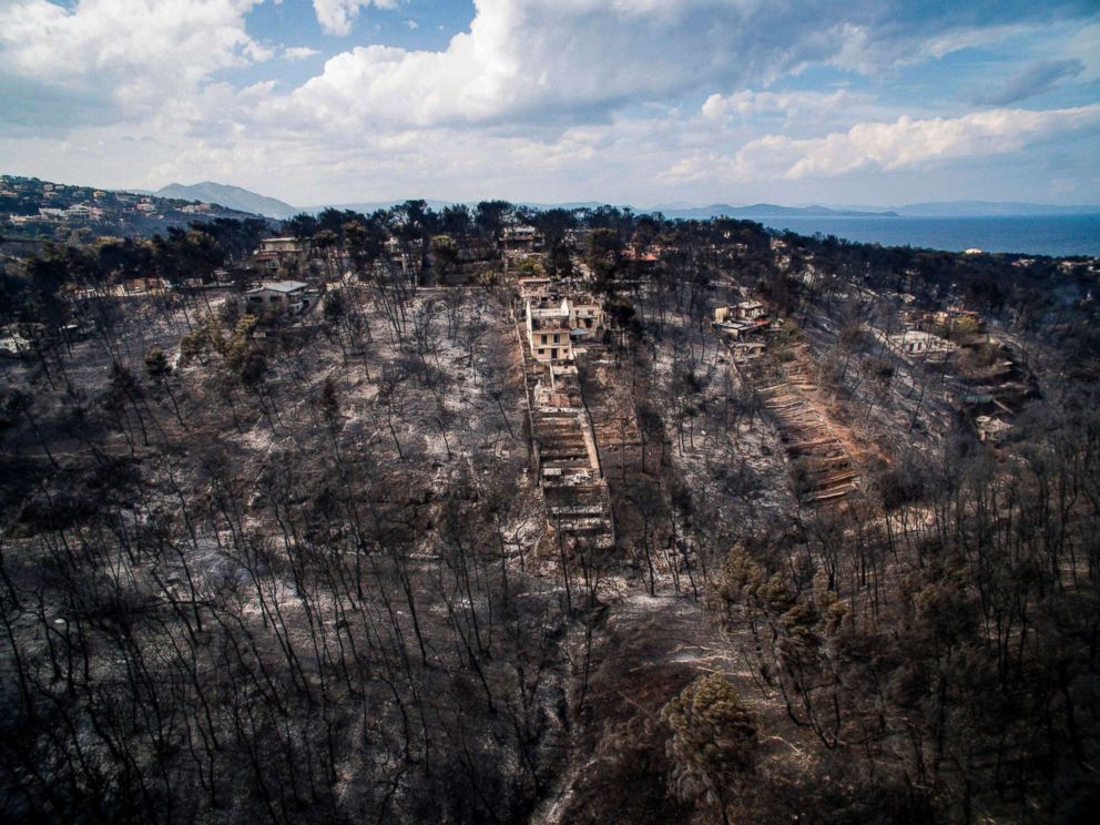 PHOTO: An aerial view shows damage caused by a wildfire near the village of Mati, near Athens, Greece, July 24, 2018.