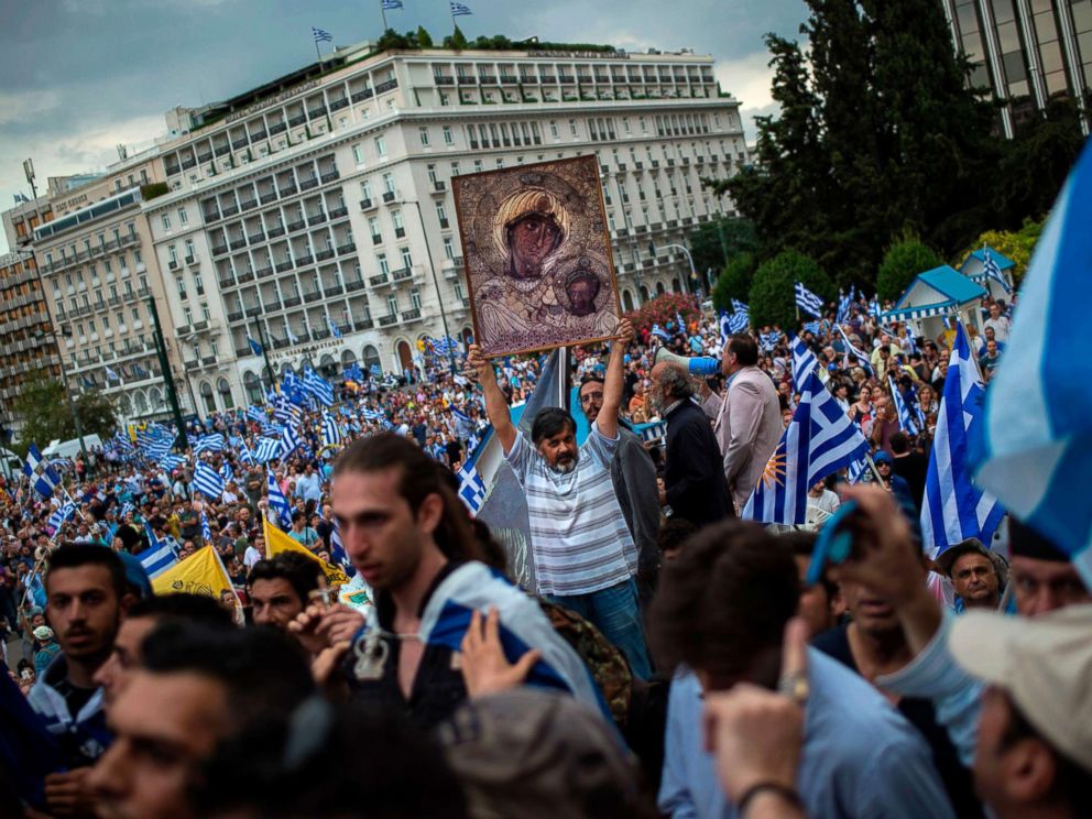 greece-macedonia-name-protest-gty-jt-180617_hpMain_4x3_992 greece-macedonia-name-protest-gty-jt-180617_hpMain_4x3_992 PHOTO: A man holds an icon during a demonstration on June 16, 2018 in Athens, Greece, against the agreement reached to resolve a 27-year name row with Macedonia. Greece and Macedonia hope to end decades-long dispute over name greece macedonia name protest gty jt 180617 hpMain 4x3 992