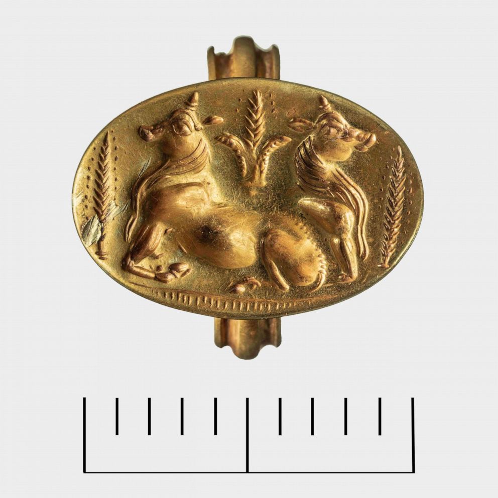 PHOTO: A golden seal ring from a 3,500-year-old tomb discovered near the southwestern Greek town of Pylos, in a photo released by the Greek Culture Ministry on Dec. 17, 2019.