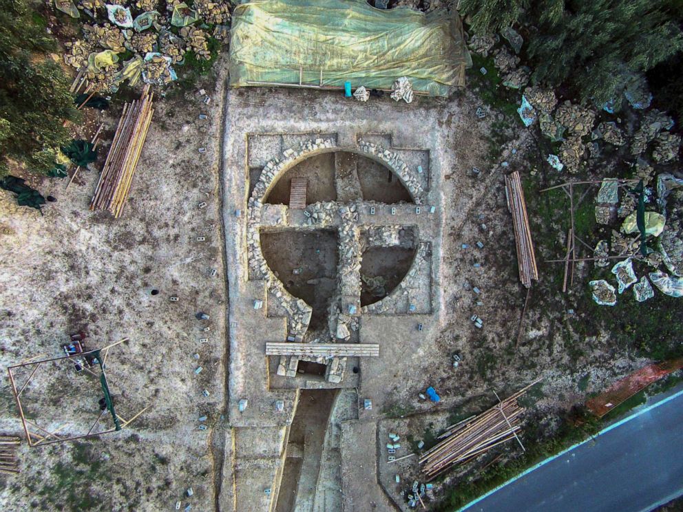 PHOTO: A view from above of a 3,500-year-old tomb discovered near the southwestern Greek town of Pylos.