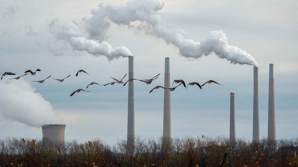PHOTO: Pollution rises from the stacks of the Miami Fort Power Station as viewed from the Oxbow Nature Conservancy in Lawrenceburg, Indiana, on November 25, 2024.
