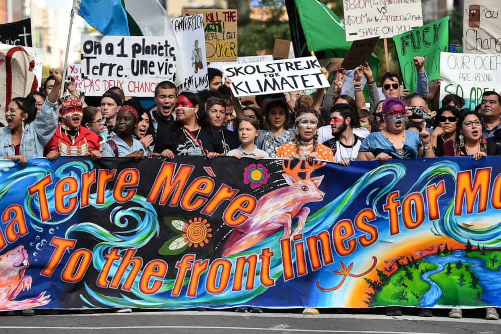 PHOTO: Led by Swedish climate activist Greta Thunberg, young activists and their supporters rally for action on climate change on September 27, 2019 in Montreal, Canada.