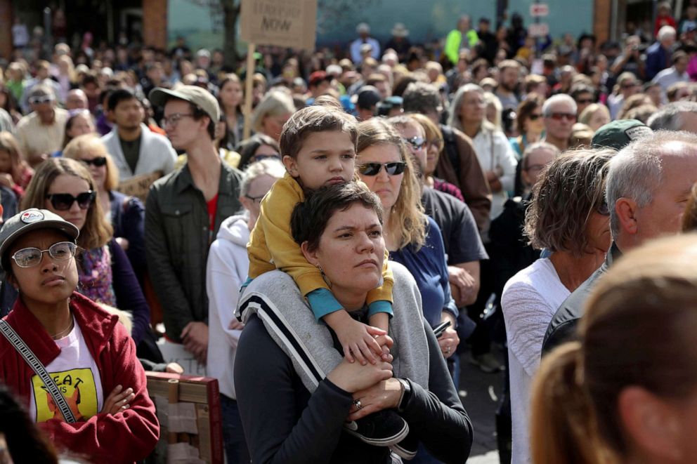 PHOTO: Attendees participate in a climate strike rally with climate change environmental teen activist Greta Thunberg, not pictured, in Iowa City, Iowa, Oct. 4, 2019.