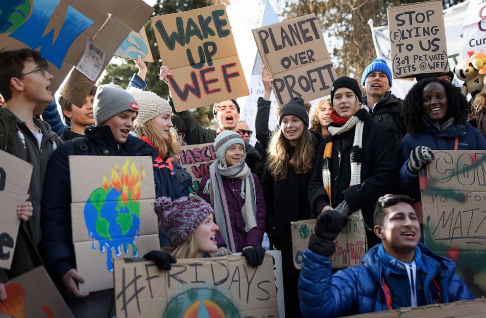 PHOTO: Swedish climate activist Greta Thunberg, center, takes part in a "Friday for future" youth demonstration in Davos, Switzerland, Jan. 24, 2020 on the sideline of the World Economic Forum (WEF) annual meeting.