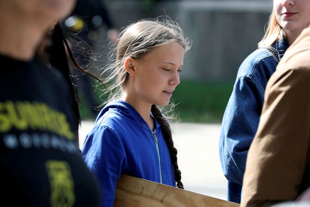 PHOTO: Climate change environmental teen activist Greta Thunberg leaves after speaking during a climate strike rally in Iowa City, Iowa, Oct. 4, 2019.