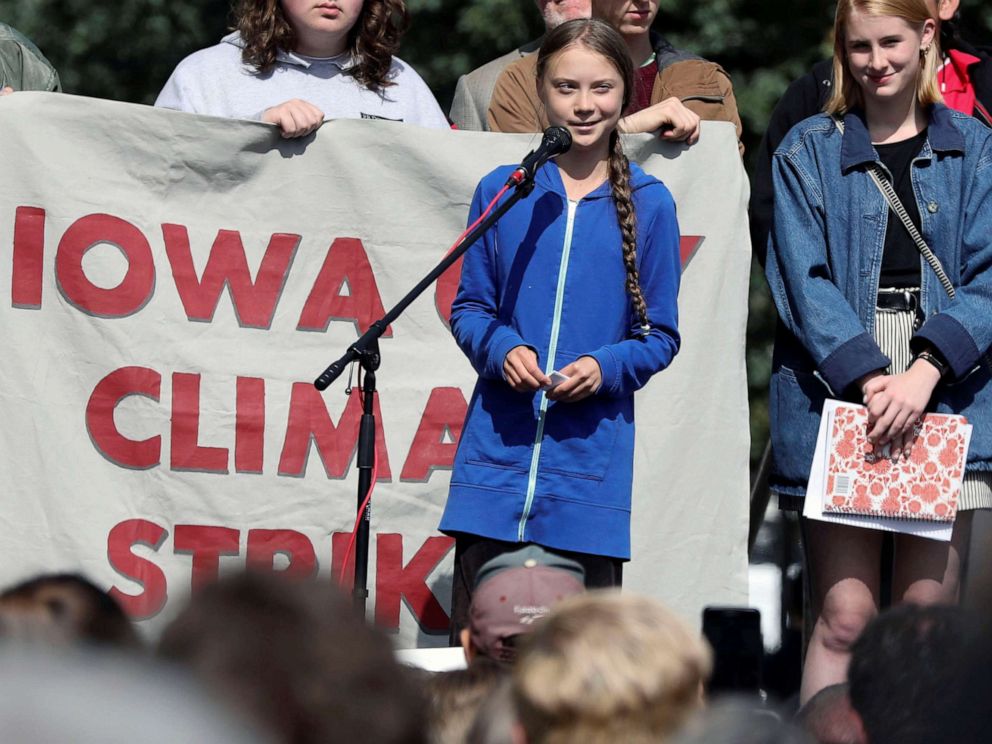 PHOTO: Climate change environmental teen activist Greta Thunberg speaks during a climate strike rally in Iowa City, Iowa, Oct. 4, 2019.
