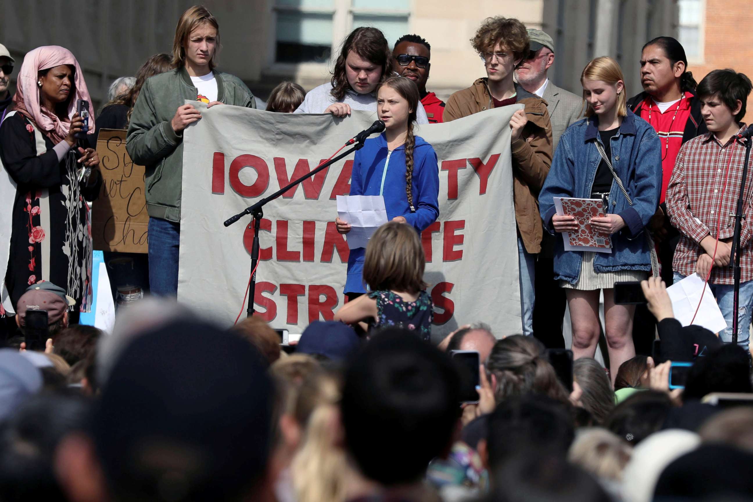 PHOTO: Climate change environmental teen activist Greta Thunberg speaks during a climate strike rally in Iowa City, Iowa, Oct. 4, 2019.