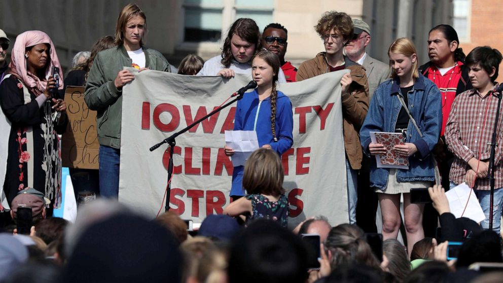 PHOTO: Climate change environmental teen activist Greta Thunberg speaks during a climate strike rally in Iowa City, Iowa, Oct. 4, 2019.