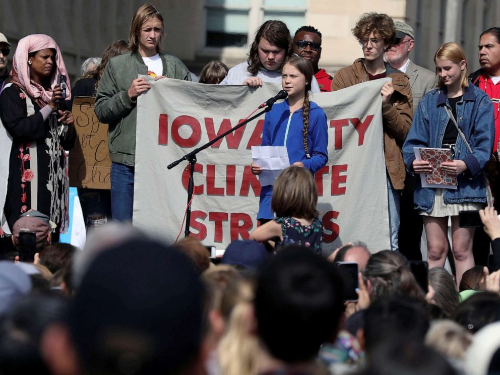 PHOTO: Climate change environmental teen activist Greta Thunberg speaks during a climate strike rally in Iowa City, Iowa, Oct. 4, 2019.