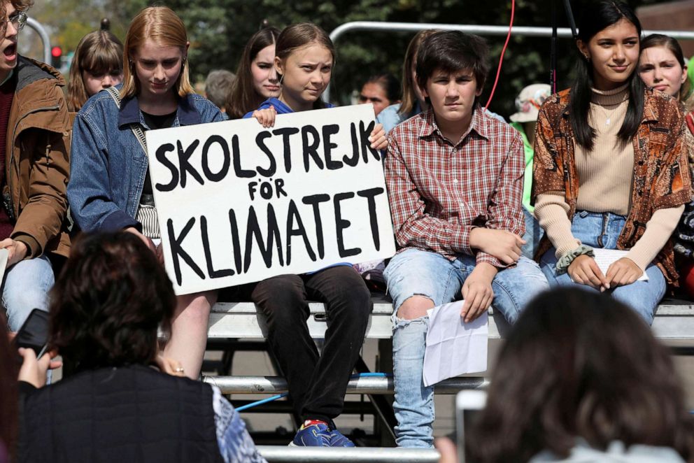 PHOTO: Climate change environmental teen activist Greta Thunberg participates in a climate strike rally in Iowa City, Iowa, Oct. 4, 2019.