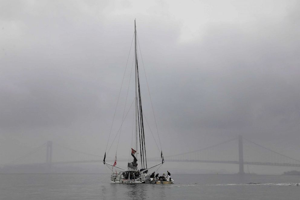 PHOTO: Swedish 16-year-old activist Greta Thunberg stands on the Malizia II racing yacht in New York Harbor as she nears the completion of her trans-Atlantic crossing in order to attend a United Nations summit on climate change in New York, Aug. 28, 2019.