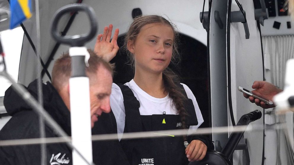 PHOTO: Swedish climate activist Greta Thunberg, 16, arrives in the U.S. after a 15-day journey crossing the Atlantic in the Malizia II, a zero-carbon yacht, on Aug. 28, 2019, in New York.