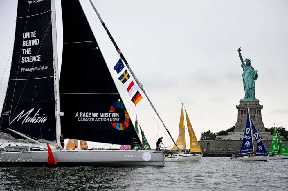 PHOTO: The Malizia II, a zero-carbon yacht, with Swedish climate activist Greta Thunberg, 16, arrives in the US after a 15-day journey crossing the Atlantic in on Aug. 28, 2019 in New York.