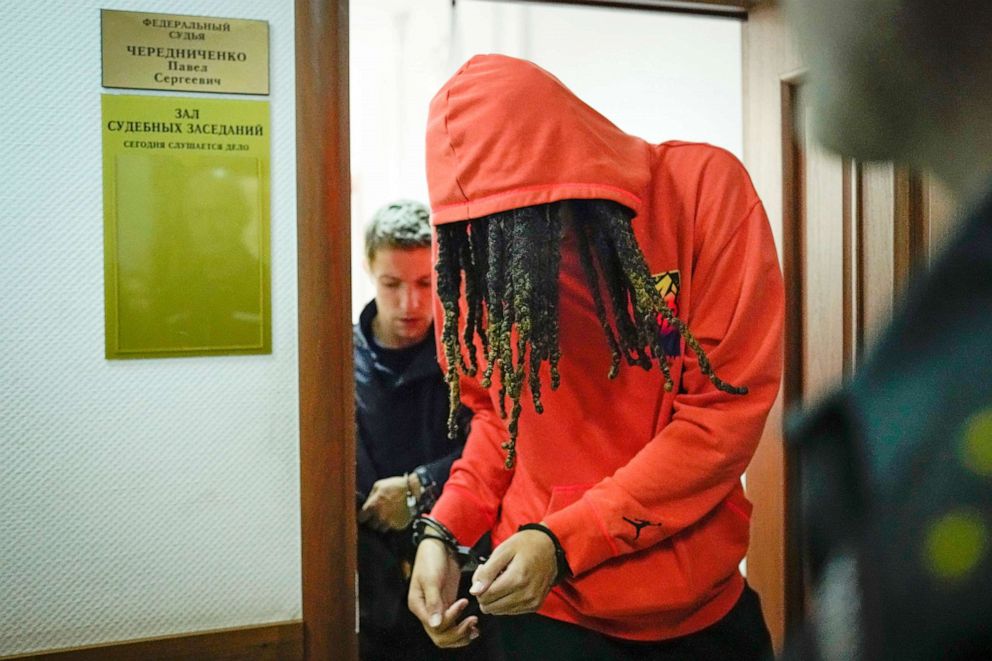 PHOTO: WNBA star and two-time Olympic gold medalist Brittney Griner leaves a courtroom after a hearing, in Khimki just outside Moscow, May 13, 2022.