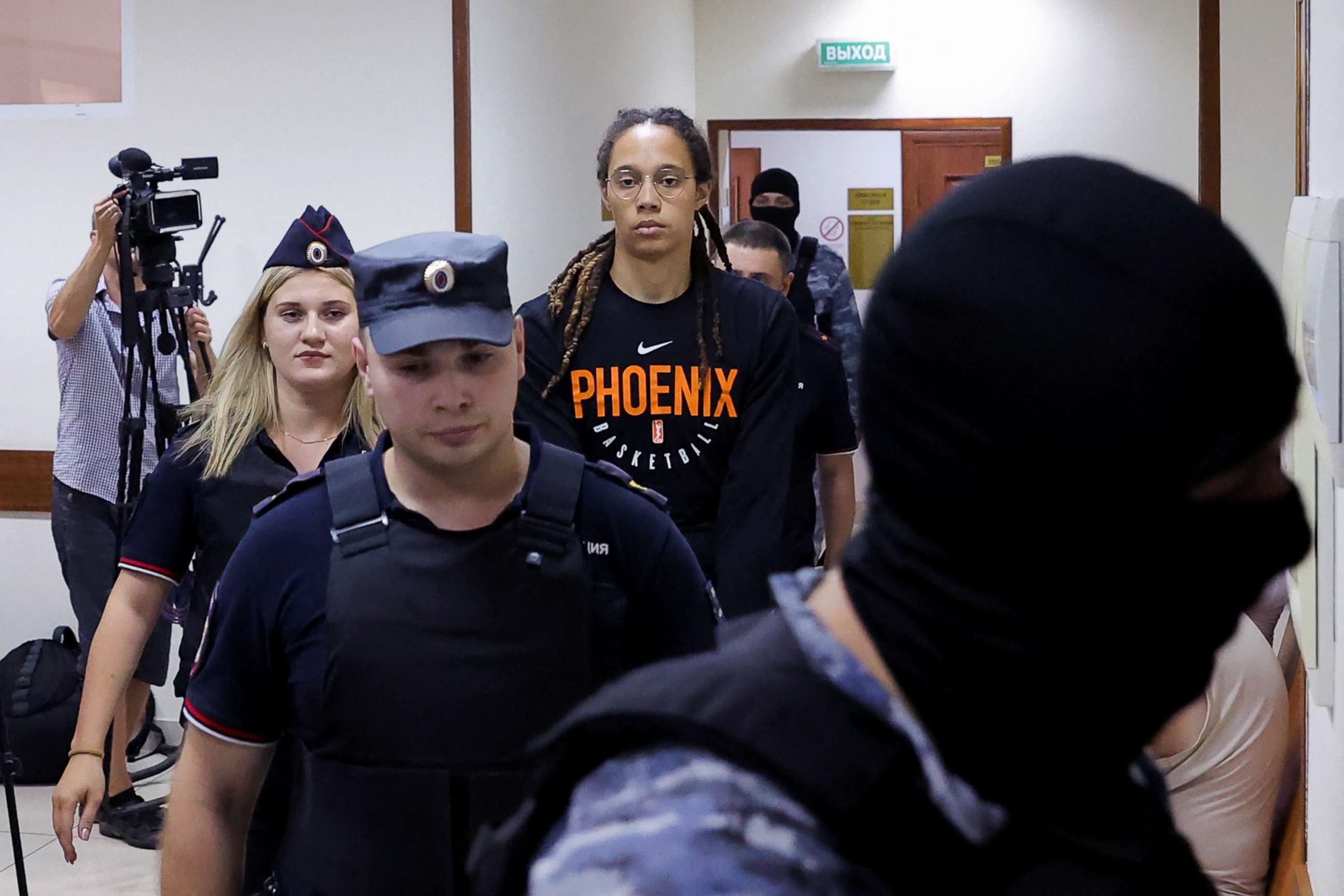 PHOTO: U.S. basketball player Brittney Griner is escorted to a court hearing in Khimki outside Moscow, Russia, July 27, 2022.