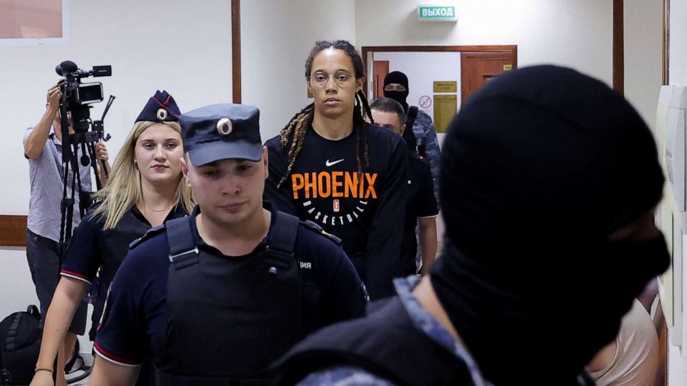 PHOTO: U.S. basketball player Brittney Griner is escorted to a court hearing in Khimki outside Moscow, Russia, July 27, 2022.