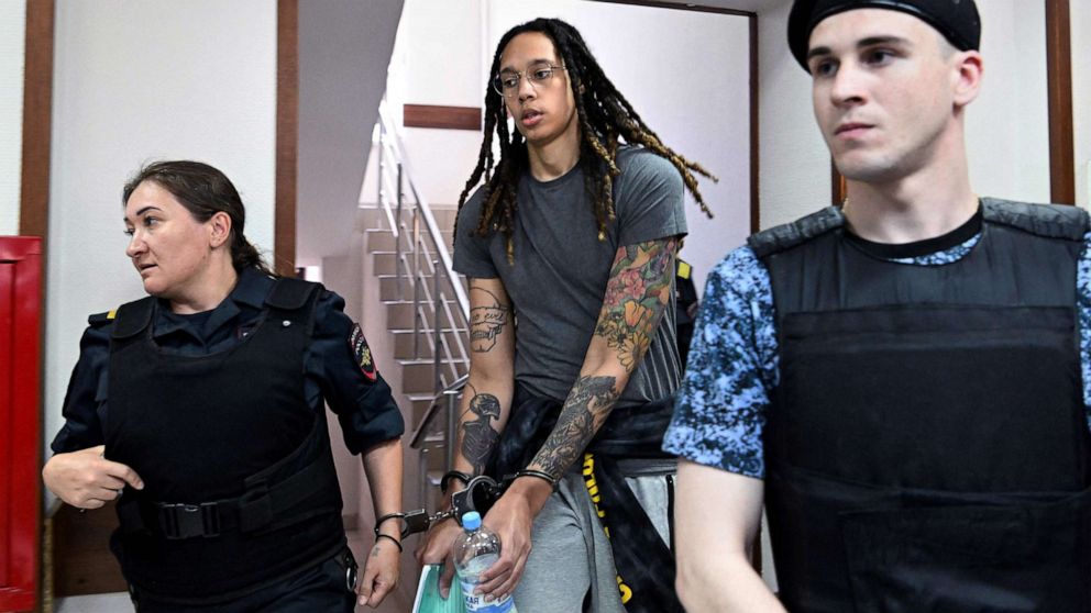 PHOTO: U.S. basketball star Brittney Griner, in handcuffs, arrives to hearing  in Khimki court outside Moscow, June 27, 2022.