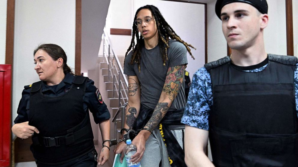 PHOTO: U.S. basketball star Brittney Griner, in handcuffs, arrives to hearing in Khimki court outside Moscow, June 27, 2022.