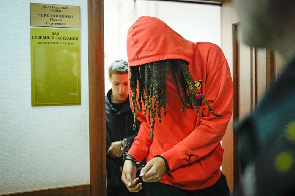 PHOTO: WNBA star and two-time Olympic gold medalist Brittney Griner leaves a courtroom after a hearing, in Khimki just outside Moscow, May 13, 2022.