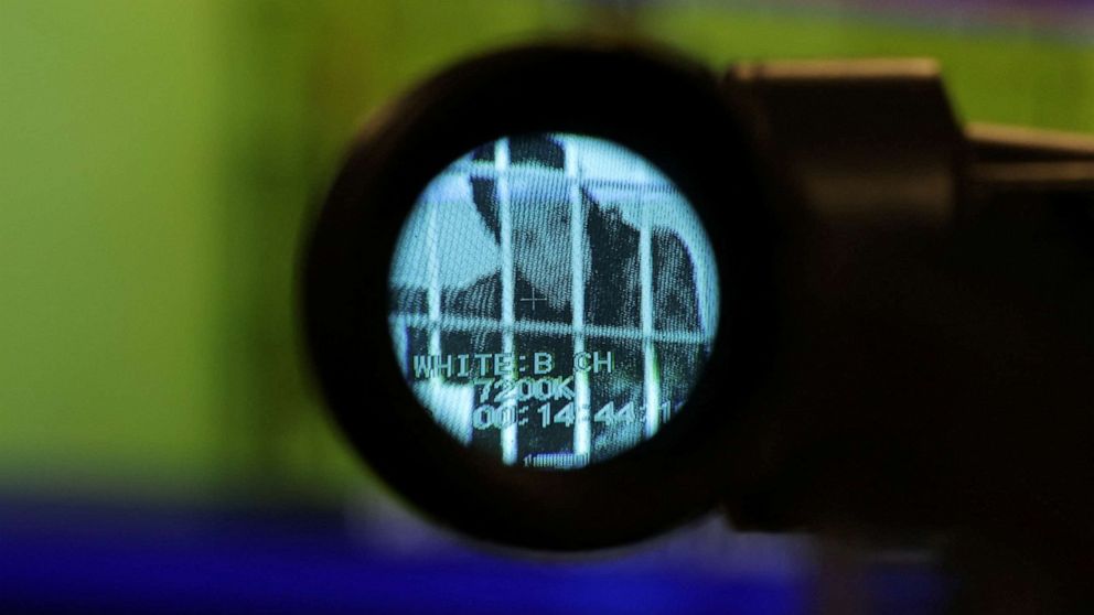 PHOTO: U.S. basketball player Brittney Griner is seen through a TV camera viewfinder as she appears on a screen via video link from the detention centre, in Krasnogorsk, Moscow Region, Russia, on Oct. 25, 2022.