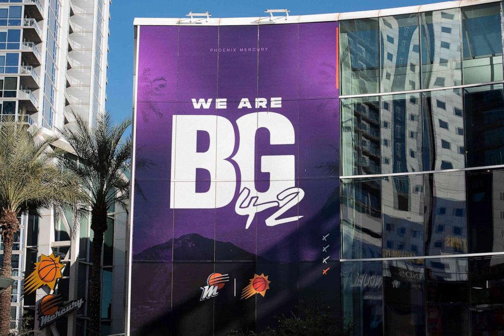 PHOTO: A sign reading 'We are BG #42' hangs on the facade of the Footprint Center where WNBA star Brittney Griner plays for the Phoenix Mercury in Phoenix, Ariz., Dec. 8, 2022.