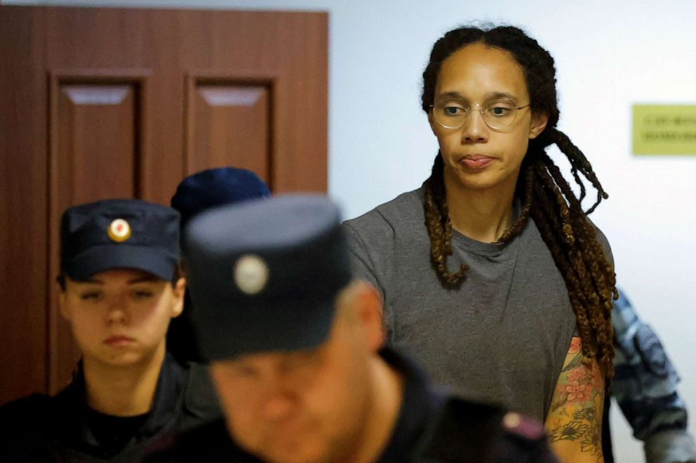 PHOTO: Brittney Griner walks after the courts verdict in Khimki, Russia Aug. 4, 2022.