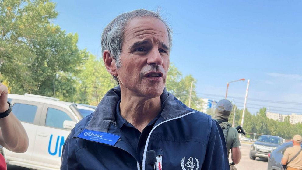 PHOTO: IAEA Director General Rafael Mariano Grossi speaks with journalists after the International Atomic Energy Agency (IAEA) mission arrives in Zaporizhzhia, Ukraine Aug. 31, 2022.