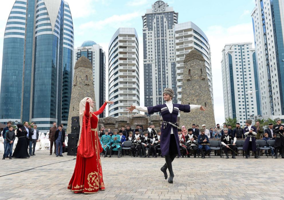 PHOTO: Dancers wearing traditional costumes perform during celebrations to mark the 200th anniversary of the Chechen capital of Grozny, Russia, Oct. 5, 2018.