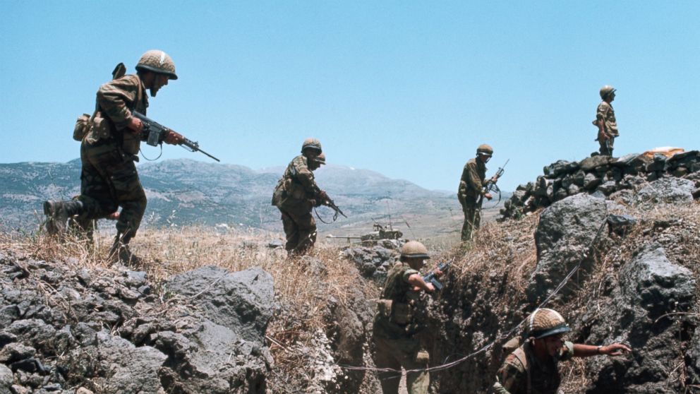 Israeli soldiers in a trench during the Six-Day War. By June 10, 1967, when the fighting was halted, Israel controlled the entire Sinai Peninsula and all Jordanian territory west of the River Jordan, as well as the strategic Golan Heights of Syria. 