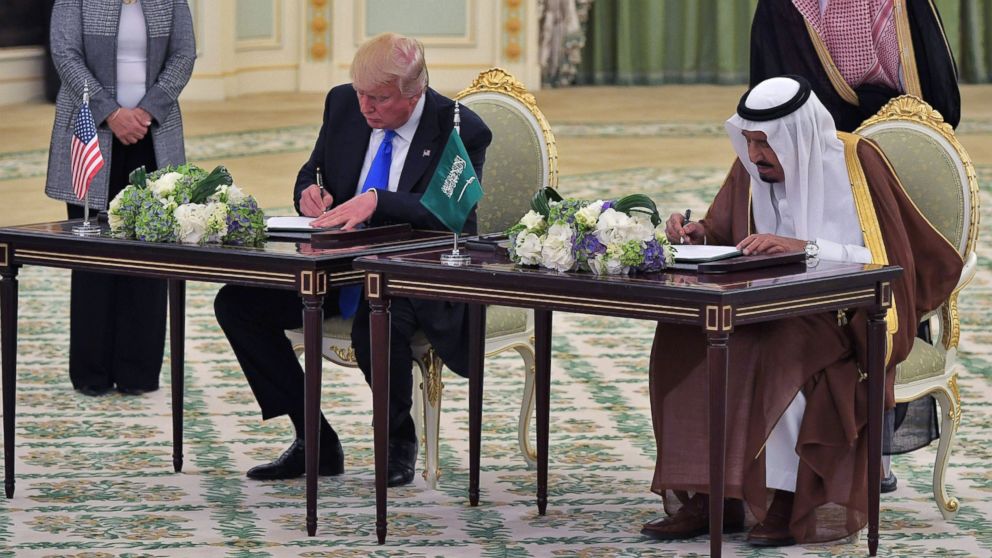 President Donald Trump and Saudi Arabia's King Salman bin Abdulaziz al-Saud take part in a signing ceremony at the Saudi Royal Court in Riyadh, May 20, 2017.