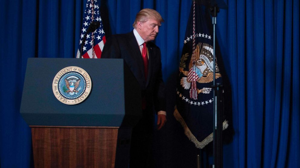 President Donald Trump departs after delivering a statement on Syria from the Mar-a-Lago estate in West Palm Beach, Fla., April 6, 2017.