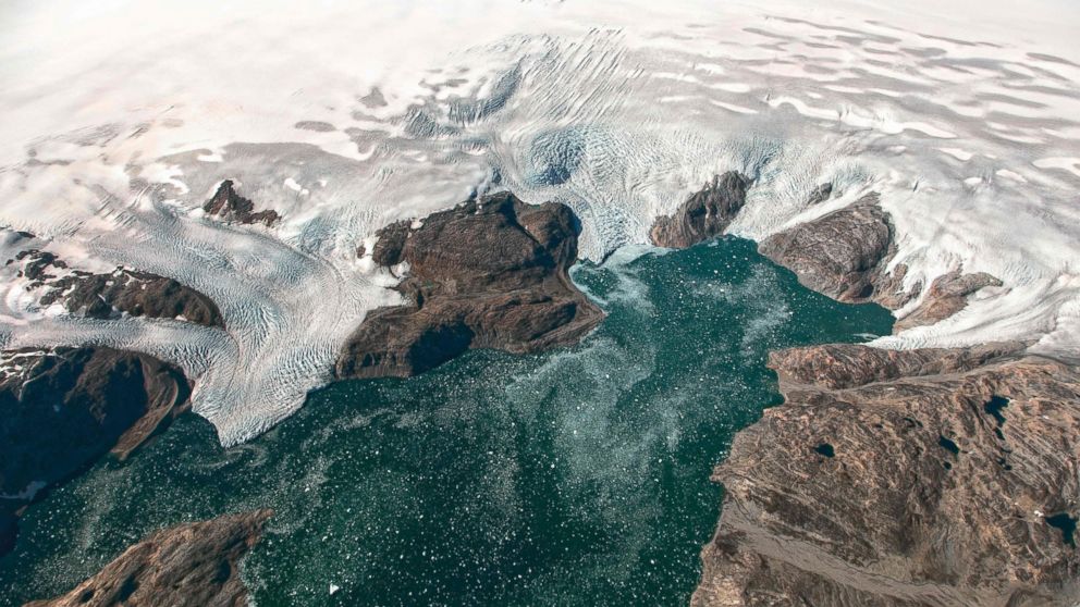 PHOTO: A NASA Earth Observatory photo taken on Sept. 22, 2016 shows the Bruckner and Heim glaciers where they flow into Johan Petersen Fjord in southeastern Greenland. 