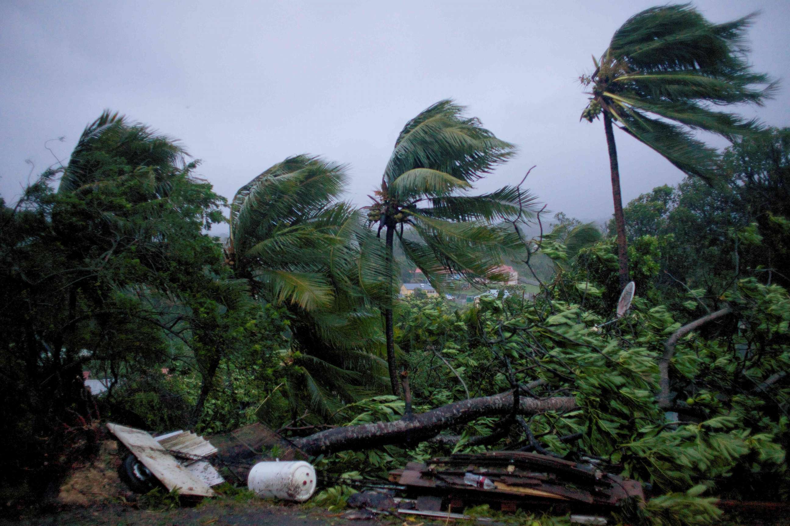 PHOTO: A picture taken on Sept. 19, 2017 shows the powerful winds and rains of hurricane Maria battering the city of Petit-Bourg on the French overseas Caribbean island of Guadeloupe.