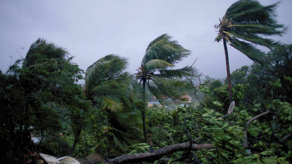 PHOTO: A picture taken on Sept. 19, 2017 shows the powerful winds and rains of hurricane Maria battering the city of Petit-Bourg on the French overseas Caribbean island of Guadeloupe.
