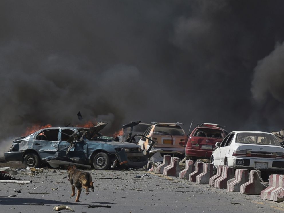 PHOTO: A dog is seen running at the site of a car bomb attack in Kabul, May 31, 2017.