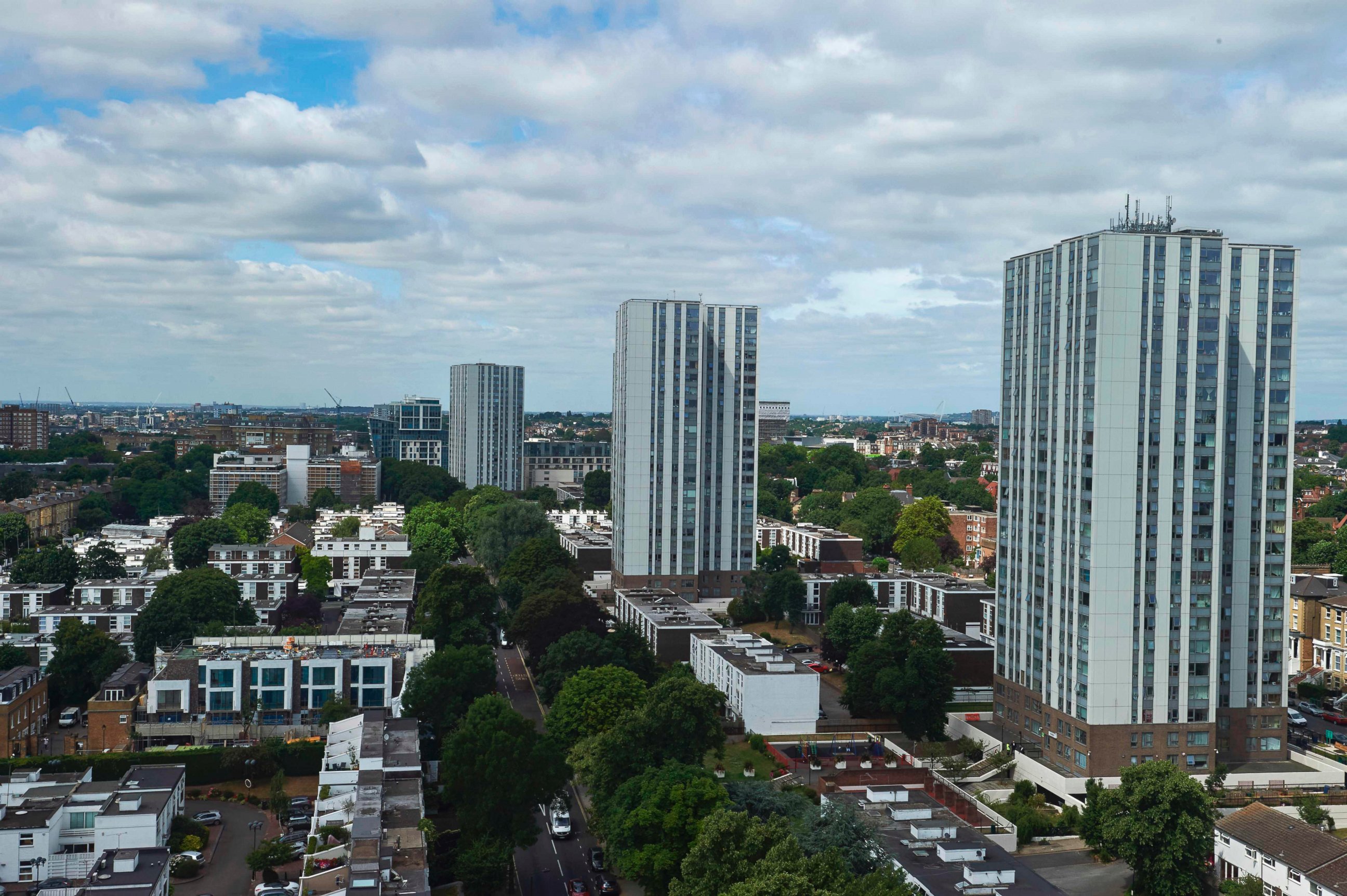 PHOTO: The Taplow, Bray and Dorney residential tower blocks on the Chalcots Estate are pictured in north London on June 23, 2017.
