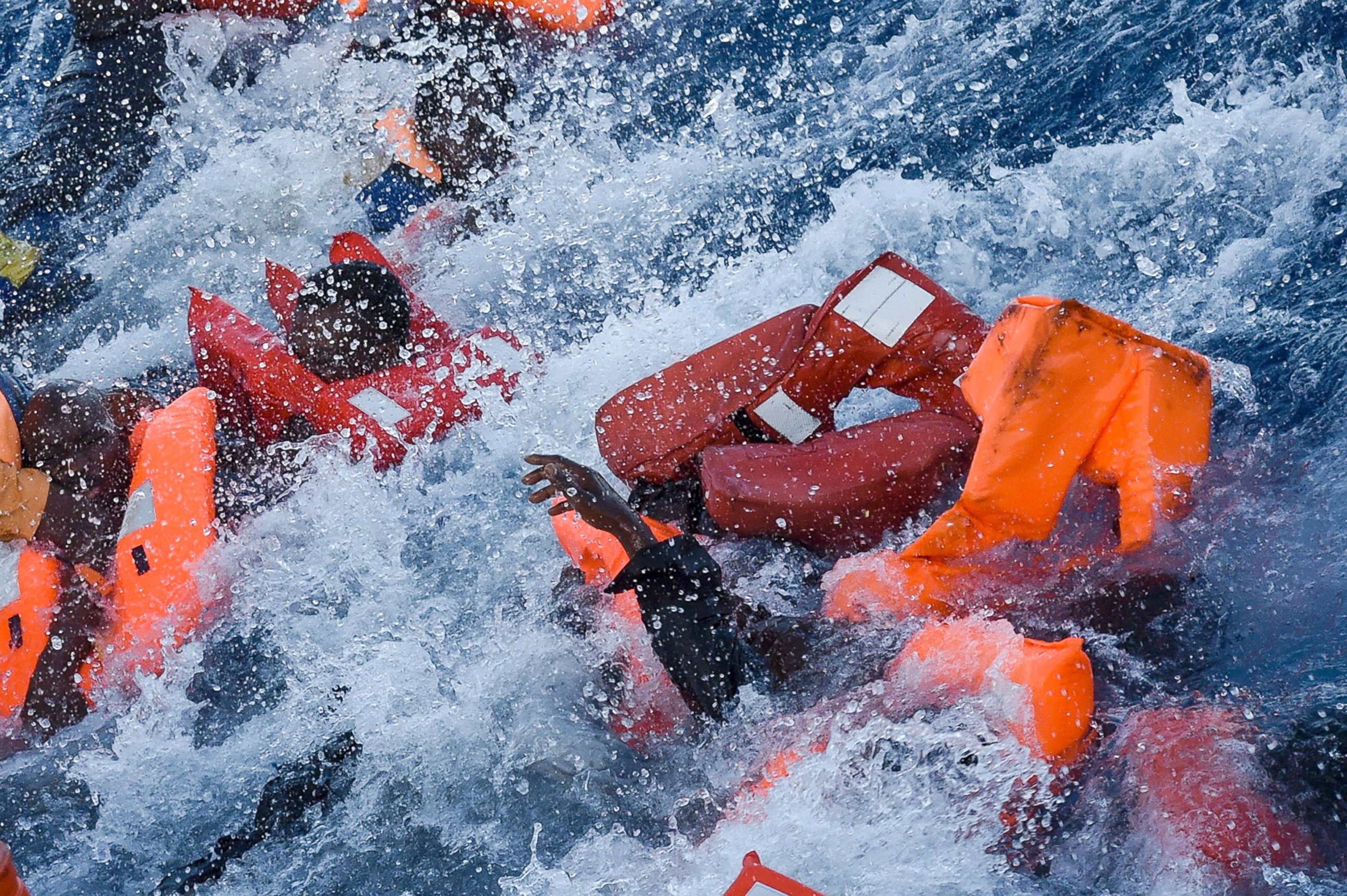 PHOTO: Migrants panic as they fall in the water during a rescue operation off the Libyan coast in the  Mediterranean Sea, Nov. 3, 2016.
