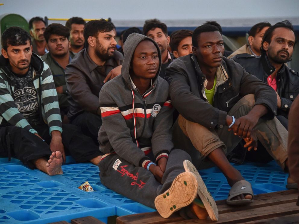 PHOTO: Refugees sit aboard the ship Topaz Responder after being rescued off the Libyan coast in the Mediterranean Sea, Nov. 3, 2016.