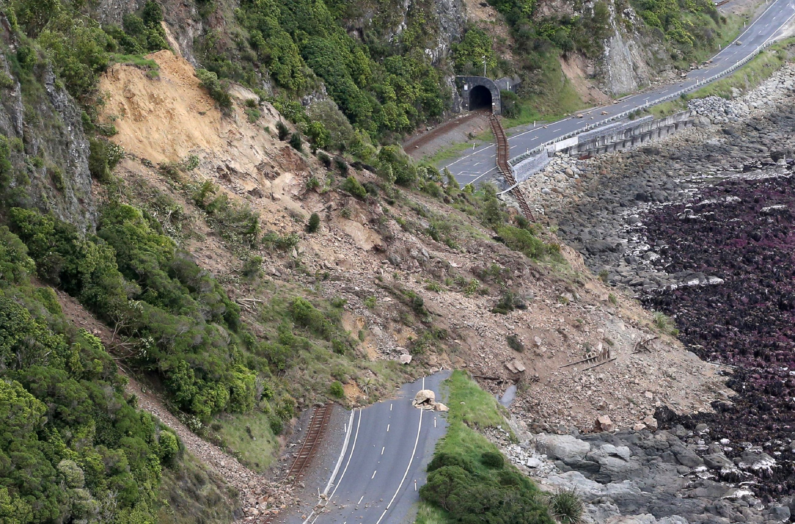 PHOTO: Earthquake damage to State Highway One near Ohau Point on the South Island's east coast and the train tracks that run along side it, on Nov. 14, 2016.