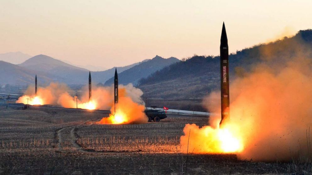 An undated picture released by North Korea's Korean Central News Agency on March 7, 2017 shows the launch of four ballistic missiles by the Korean People's Army during a military drill at an undisclosed location in North Korea.