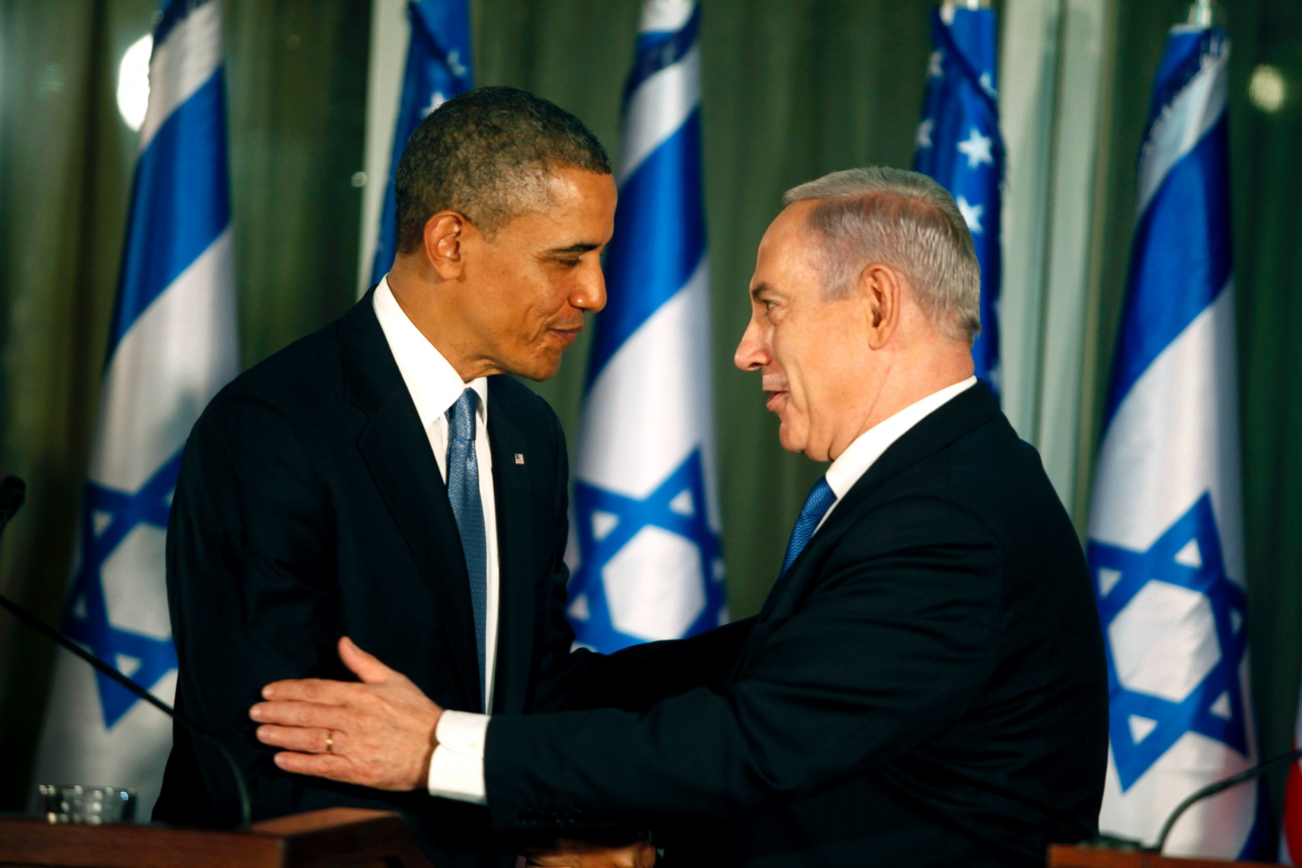 PHOTO: U.S. President Barack Obama (L) greets Israeli Prime Minister Benjamin Netanyahu during a press conference, March 20, 2013, in Jerusalem.