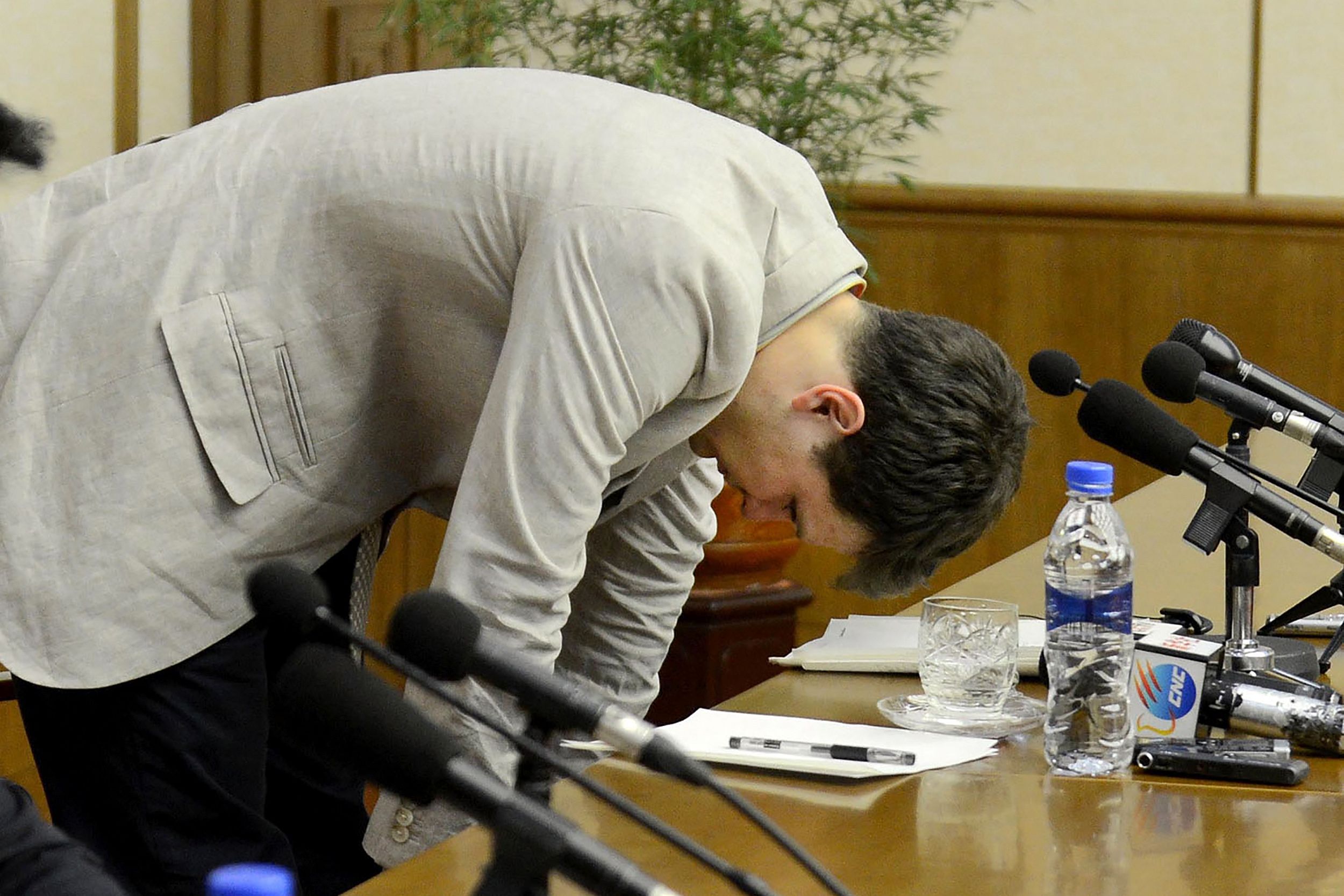 PHOTO: This file photo taken on February 29, 2016 and released by North Korea's official Korean Central News Agency on March 1, 2016 shows Otto Warmbier at a press conference in Pyongyang.