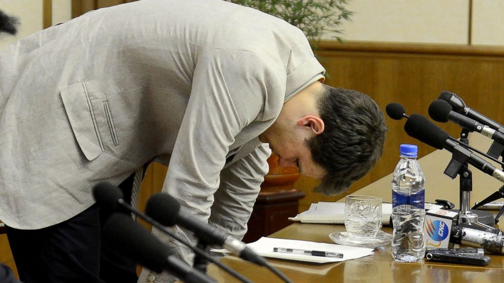 PHOTO: This file photo taken on February 29, 2016 and released by North Korea's official Korean Central News Agency on March 1, 2016 shows Otto Warmbier at a press conference in Pyongyang.