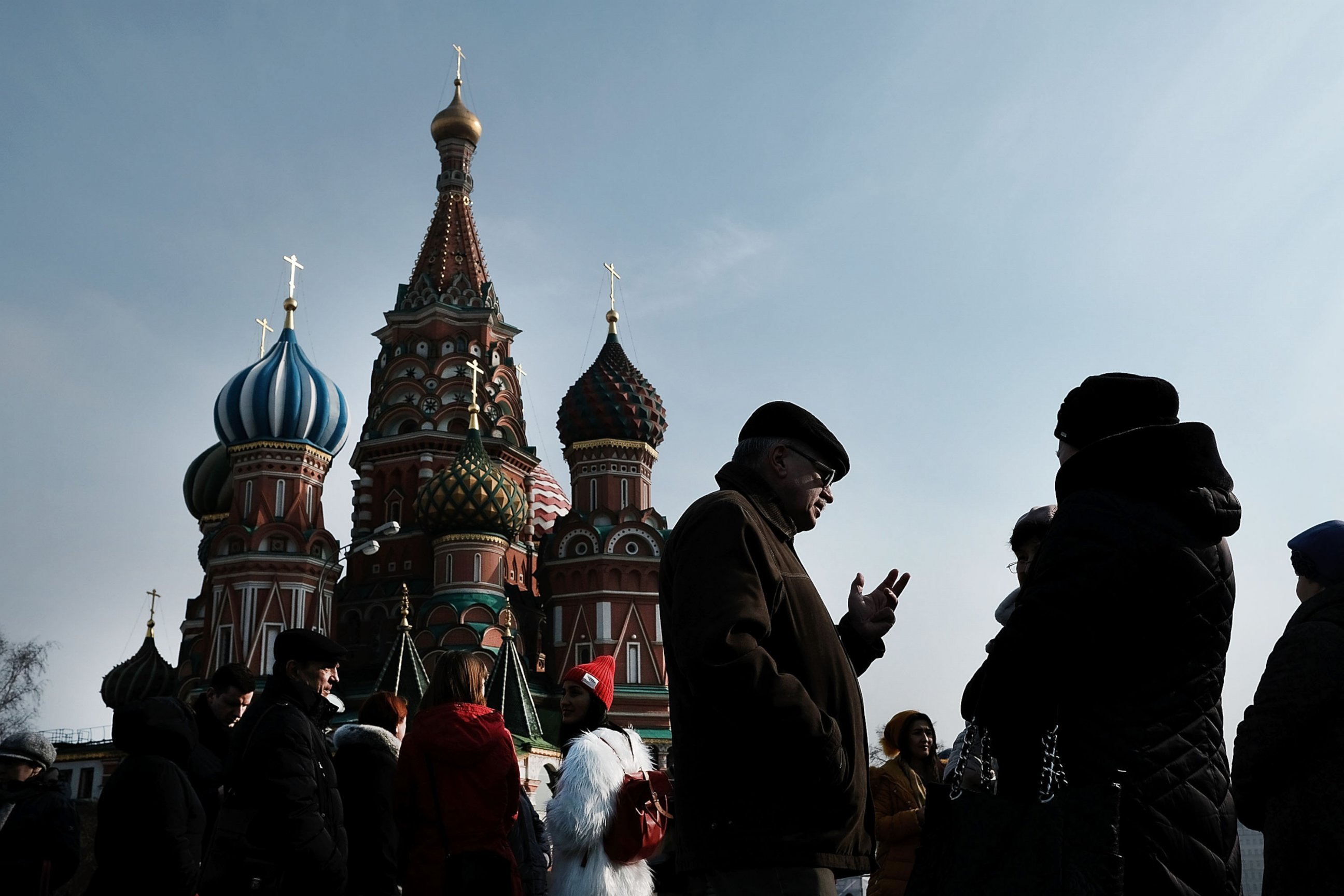 PHOTO: People walk through Red Square in Moscow on March 7, 2017 in Moscow, Russia.