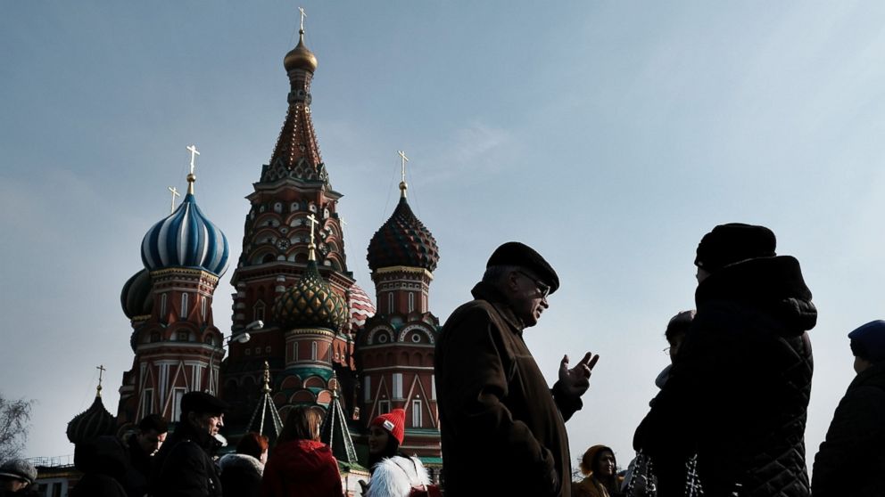PHOTO: People walk through Red Square in Moscow on March 7, 2017 in Moscow, Russia.