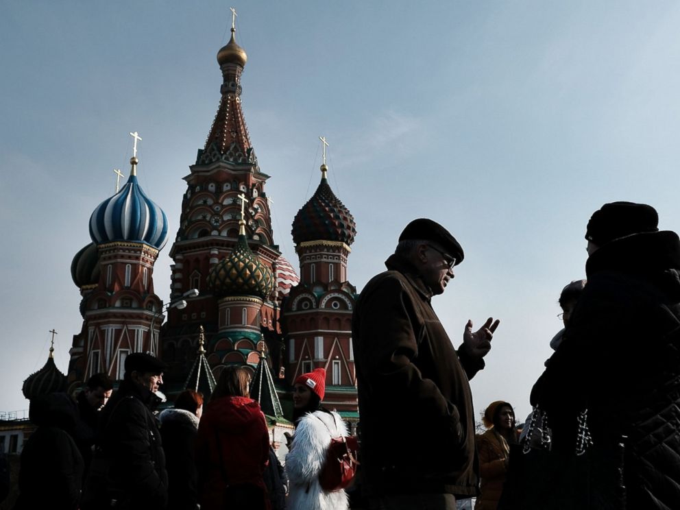 PHOTO: People walk through Red Square in Moscow on March 7, 2017 in Moscow, Russia.